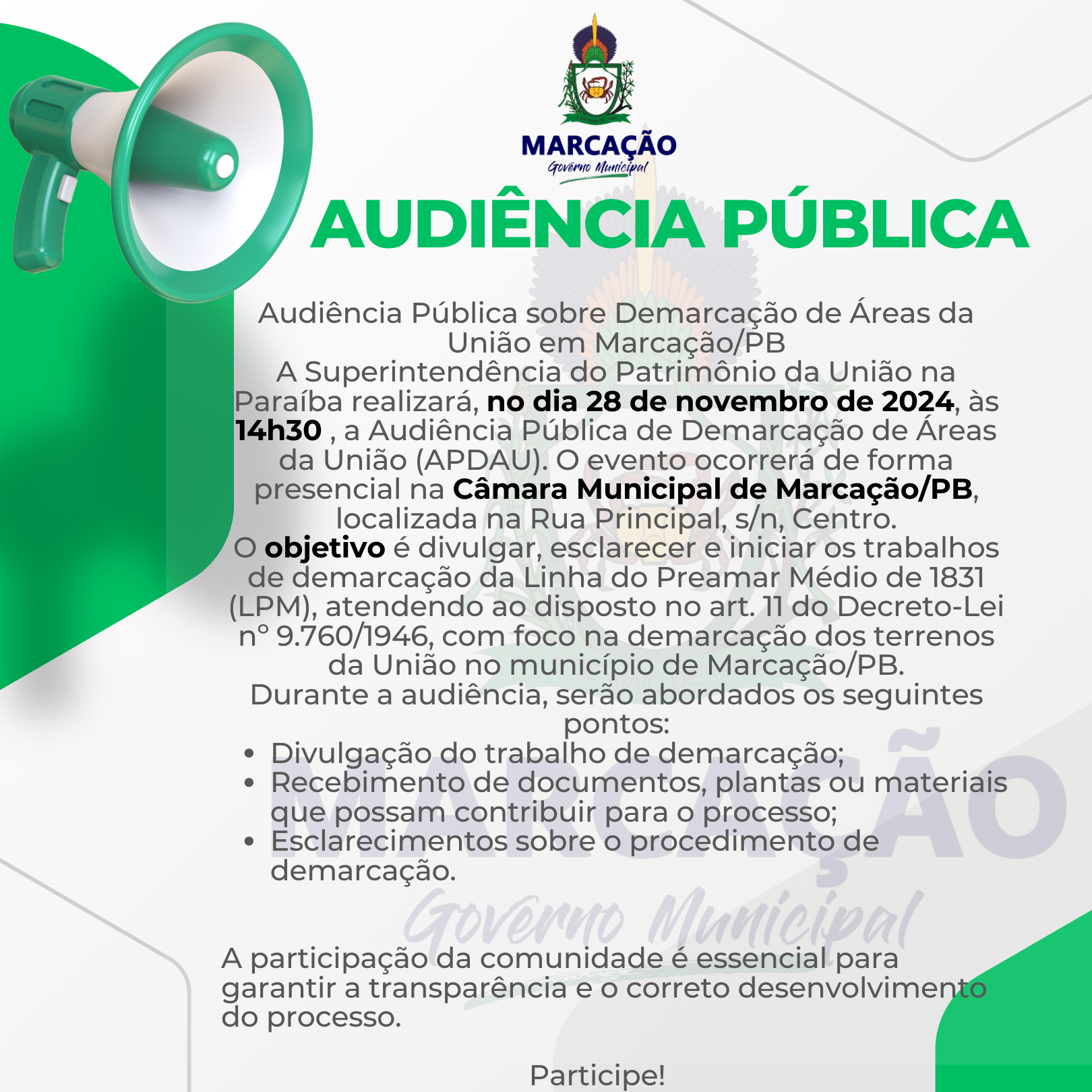 CONVITE PARA AUDIÊNCIA PÚBLICA DE DEMARCAÇÃO DE ÁREAS DA UNIÃO – APDAU NO MUNICÍPIO DE MARCAÇÃO/PB.