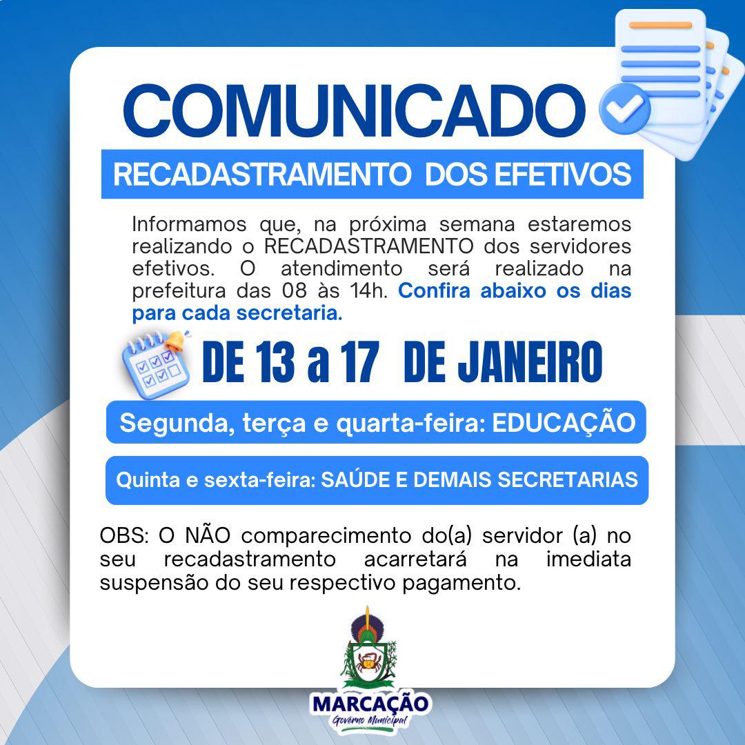 Prefeitura de Marcação anuncia recadastramento obrigatório para servidores efetivos